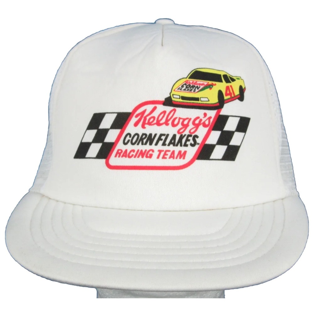 NOS vtg 80s KELLOGG'S CORNFLAKES NASCAR‎ RACING TEAM TRUCKER HAT snapback mesh